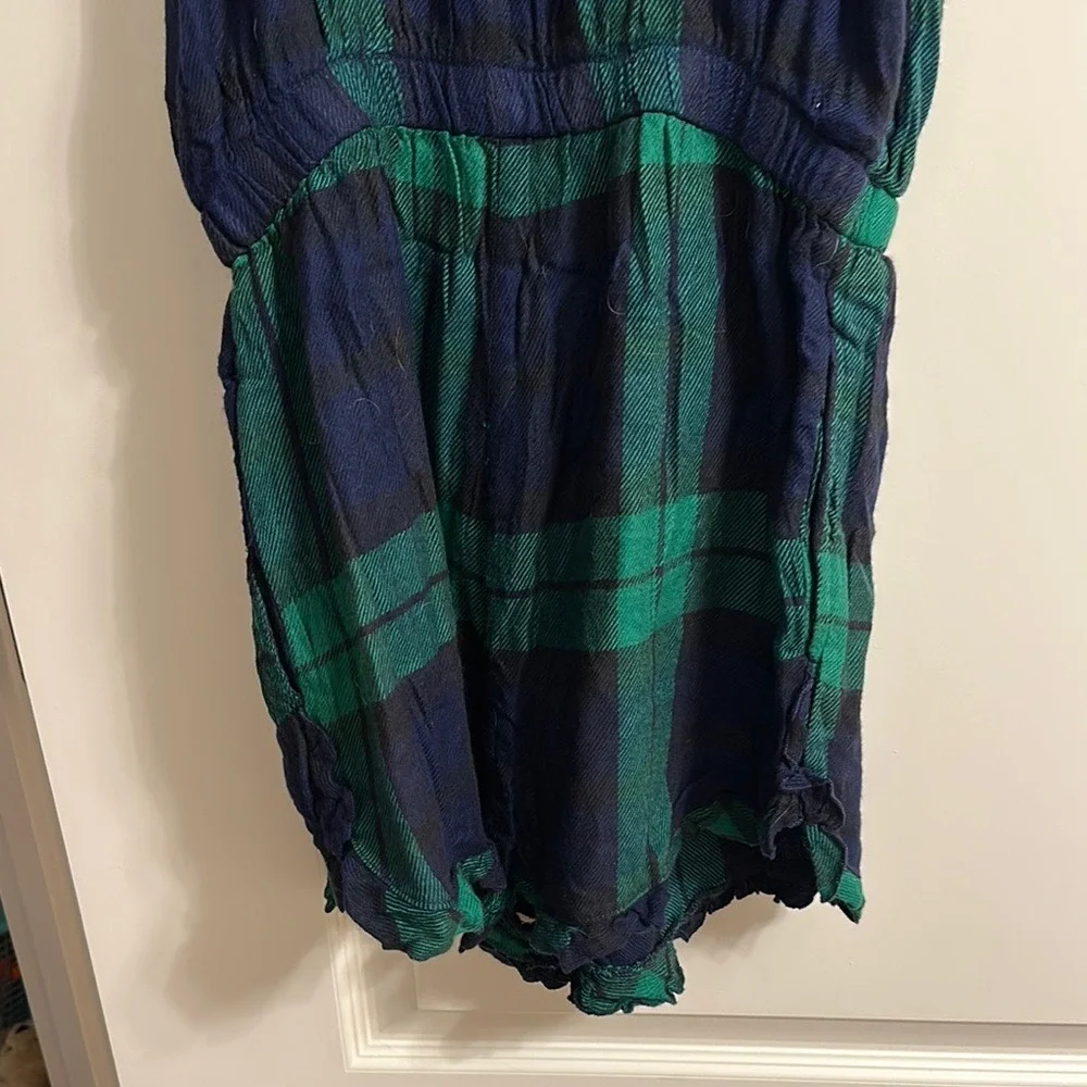 Aerie Navy Green Plaid Ruffle Strap Romper with Velvet Tie‎ S/P